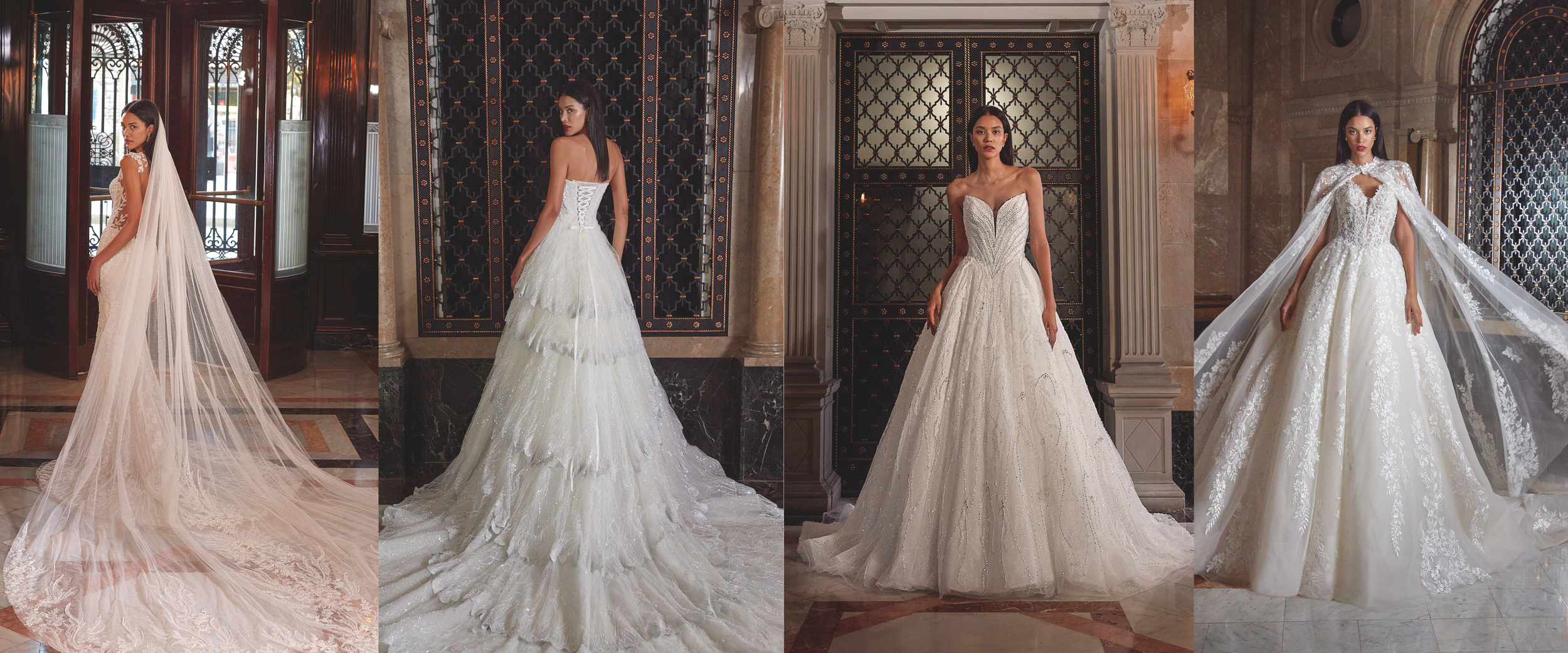 Quatre femmes portant des robes de mariée élégantes dans un décor intérieur sophistiqué avec des motifs en bois, marbres, et colonnes décoratives.