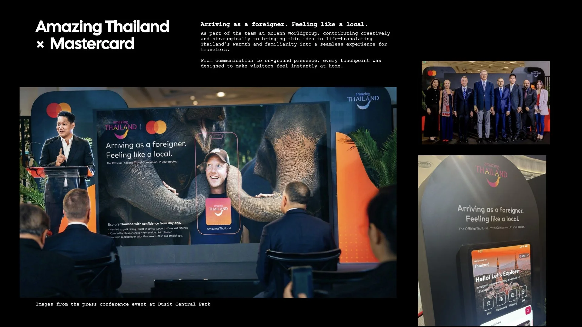 Press conference at Dusit Central Park featuring a large promotional display for Thailand with an image of an elephant and a smiling tourist, a speaker at a podium, a group photo of formally dressed individuals, and a digital kiosk promoting Thailand travel.