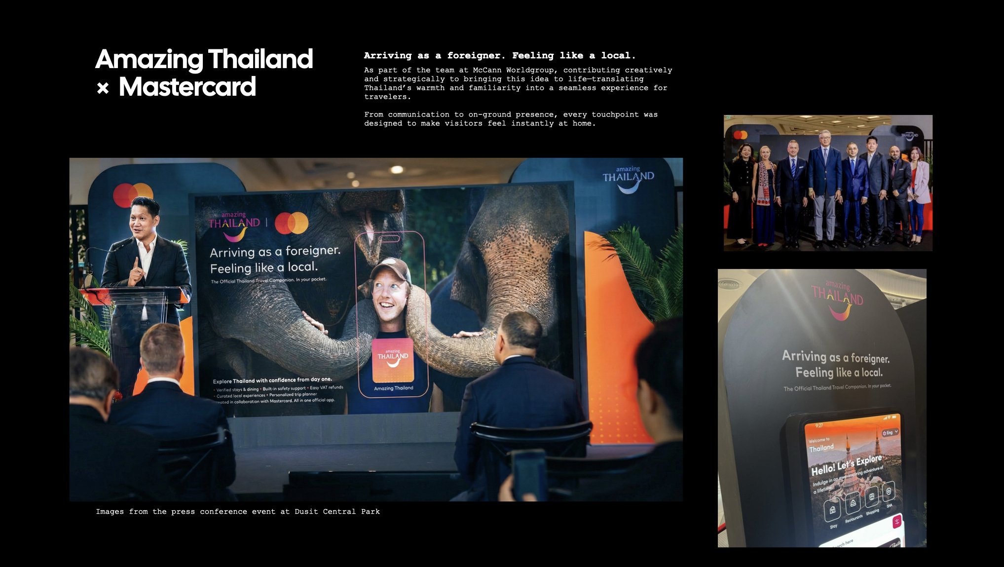 Press conference at Dusit Central Park promoting Thailand, featuring a speaker at a podium, a large display with images of elephants and tourists, and a group photo of attendees in business attire.