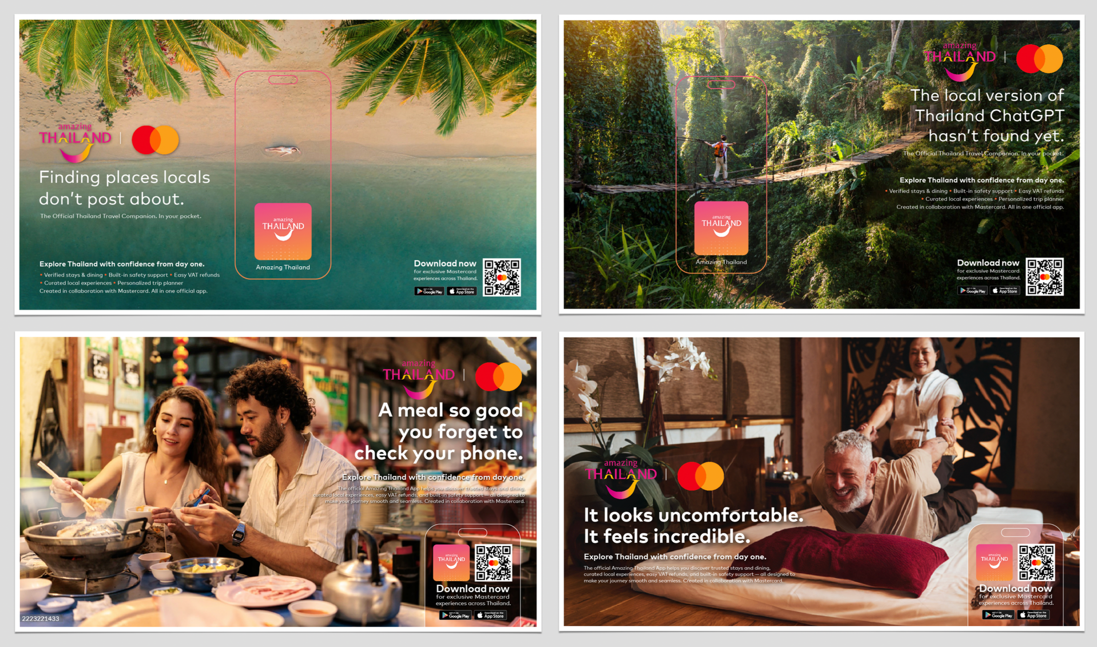 Collage of four travel-themed images promoting Thailand. Top left: aerial view of a beach with palm trees, sand, and a person lying on the shore. Top right: person walking on a hanging bridge in a lush jungle. Bottom left: young couple enjoying a meal at a busy restaurant. Bottom right: elderly man relaxing on a couch with a caption about comfort and experiencing Thailand.