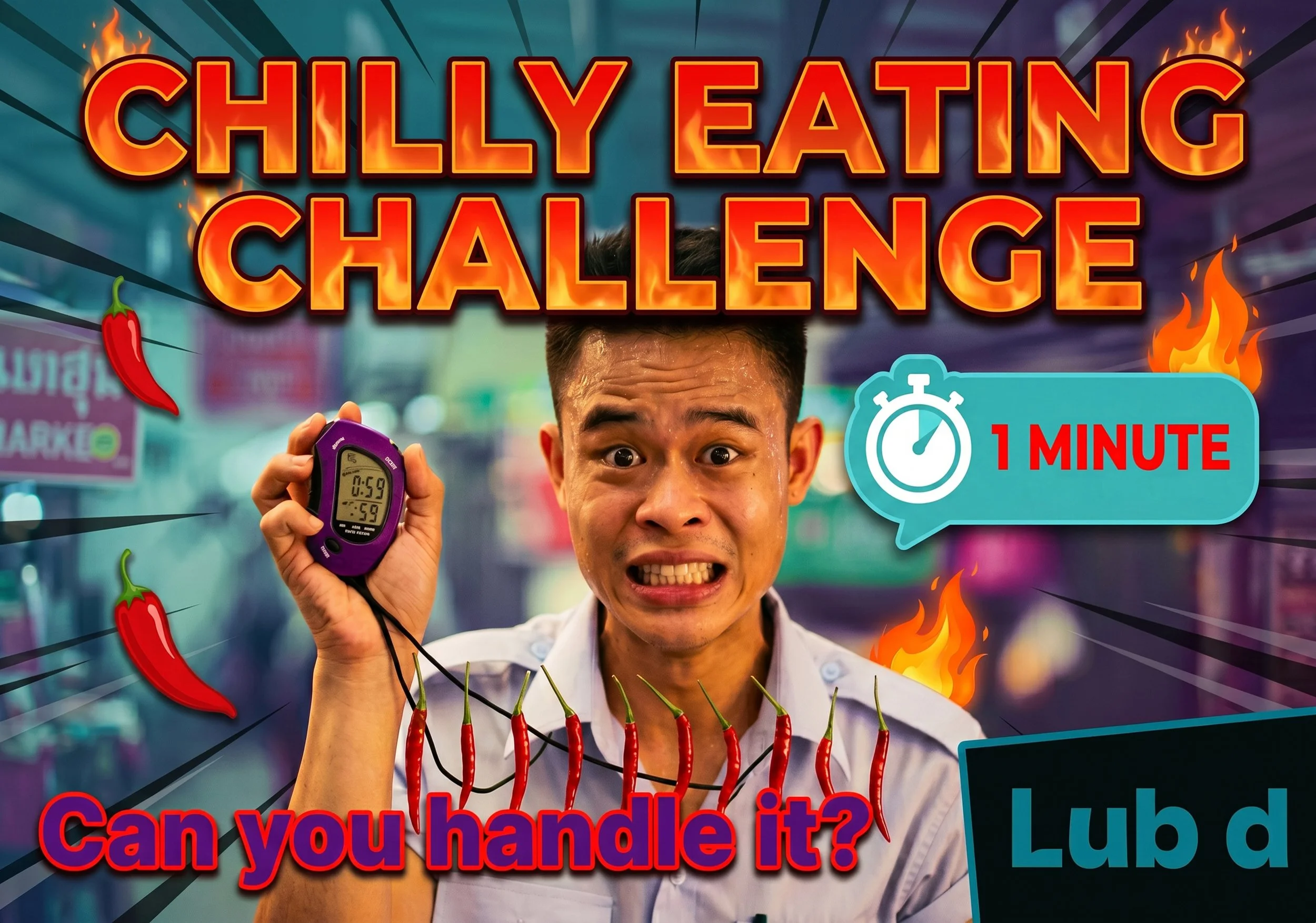 A young man holding a purple stopwatch, with a surprised or excited expression, standing in front of a background with flames and chili peppers. The text on the image reads 'Chilly Eating Challenge,' '1 Minute,' and 'Can you handle it?'