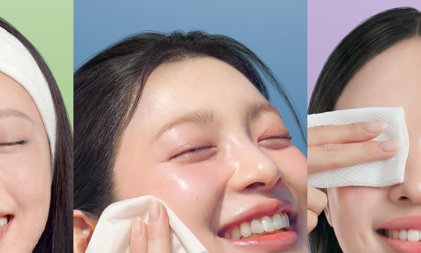 Three women with clear skin smiling and smiling gently, each using a white cloth or cotton pad on their face or eyes, against colorful background.