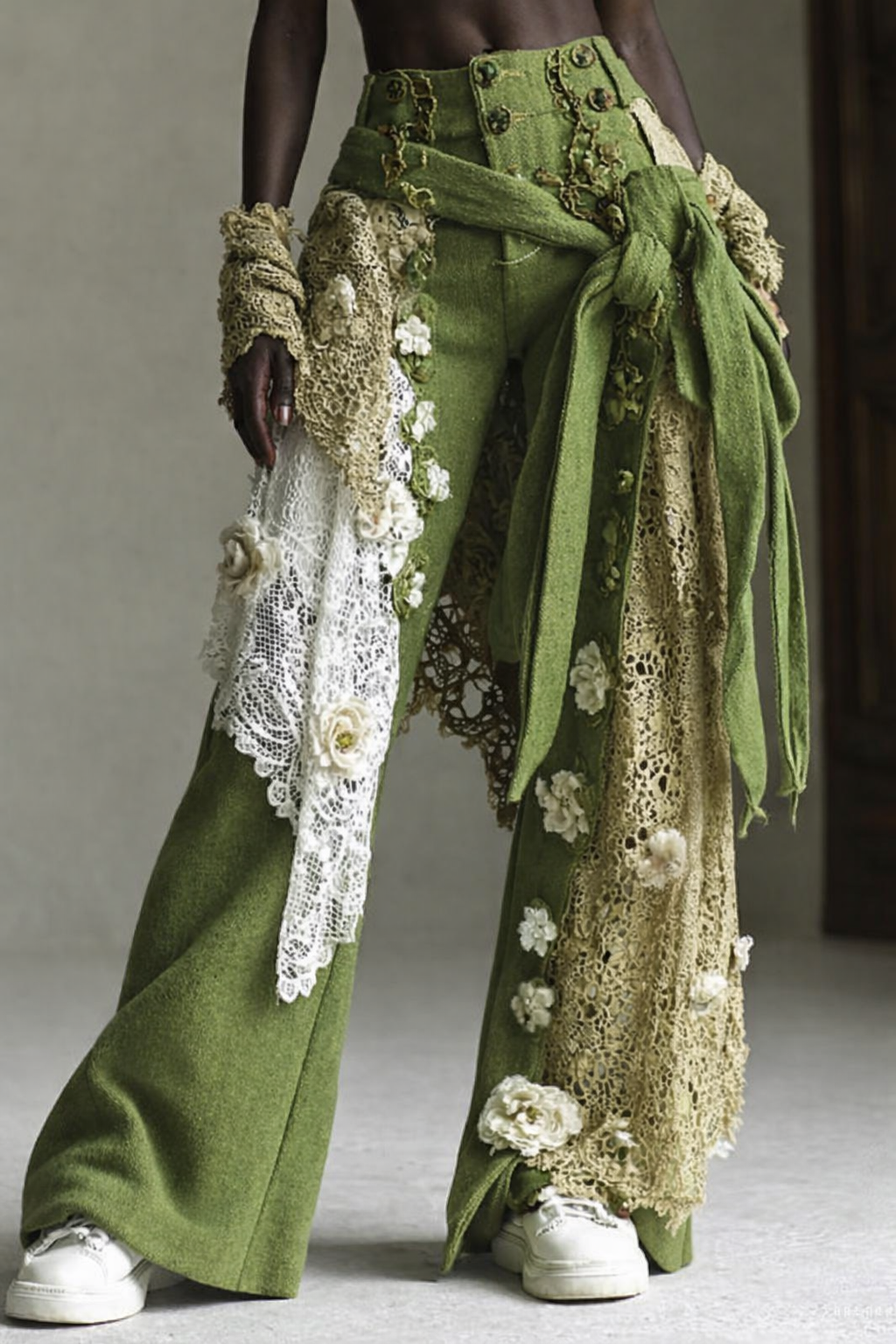 Outfit featuring green wide-leg pants with lace and floral details, and layered textured accessories, including lace, crochet, and fabric flowers.