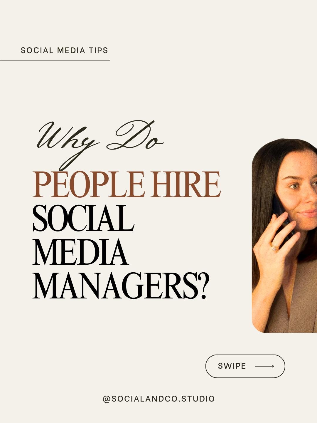 Why do people hire a Social Media Manager? 👀

If you&rsquo;ve ever wondered whether outsourcing your socials is worth it, this carousel walks you through the real reasons business owners hand it over to a pro.

From lack of time and ever-changing tr