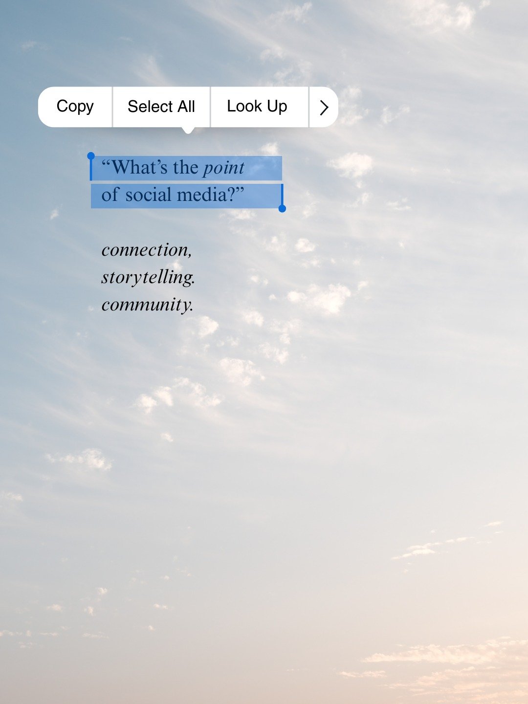 What&rsquo;s the point of social media?

For us, it&rsquo;s simple:
Connection over noise.
Stories over algorithms.
Trust over trends.

At Social &amp; Co Studio we don&rsquo;t build audiences, we build community.