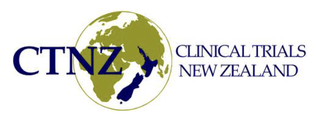 Logo for Clinical Trials New Zealand (CTNZ) featuring a globe highlighting New Zealand with the text CTNZ and Clinical Trials New Zealand.