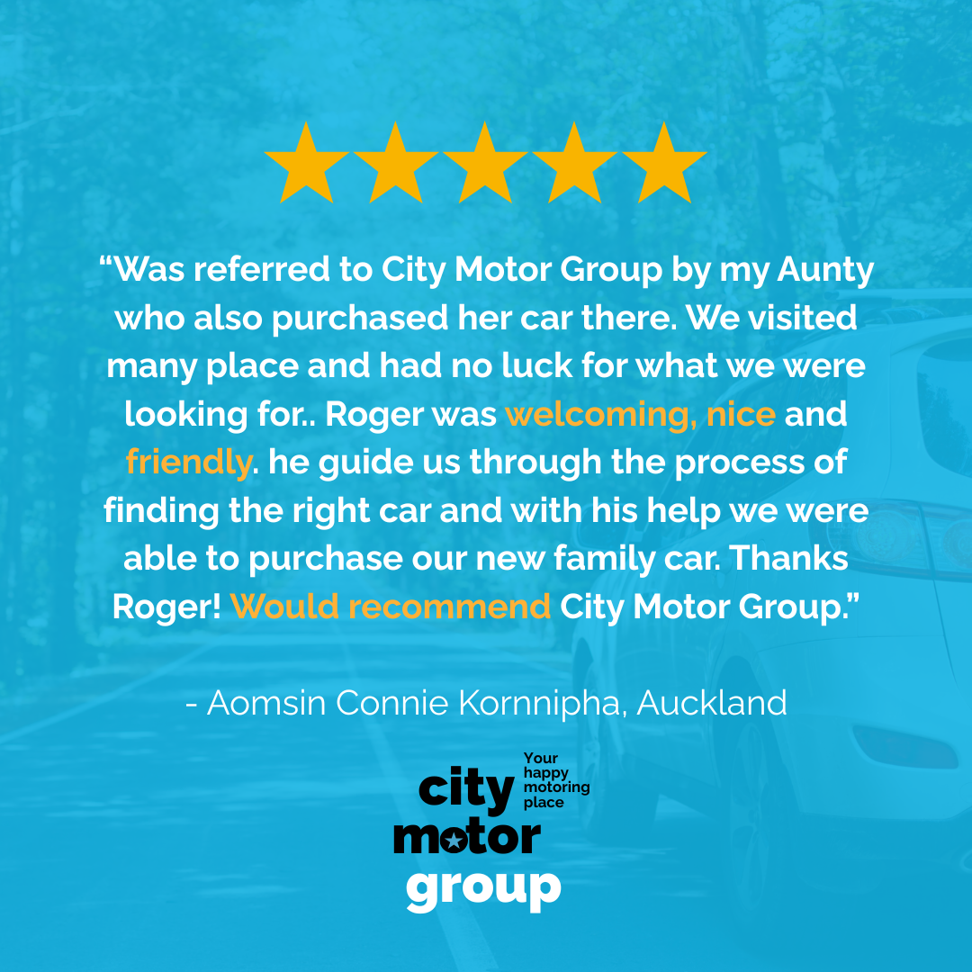 Customer review with five stars, positive feedback about City Motor Group, reading 'Was referred to City Motor Group by my Aunty who also purchased her car there. We visited many places and had no luck for what we were looking for.. Roger was welcomi