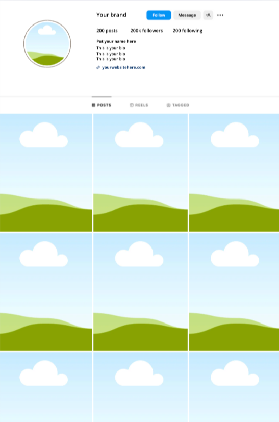 Social media profile page with a landscape header featuring hills and clouds, and a grid of nine similar landscape images of hills and clouds.