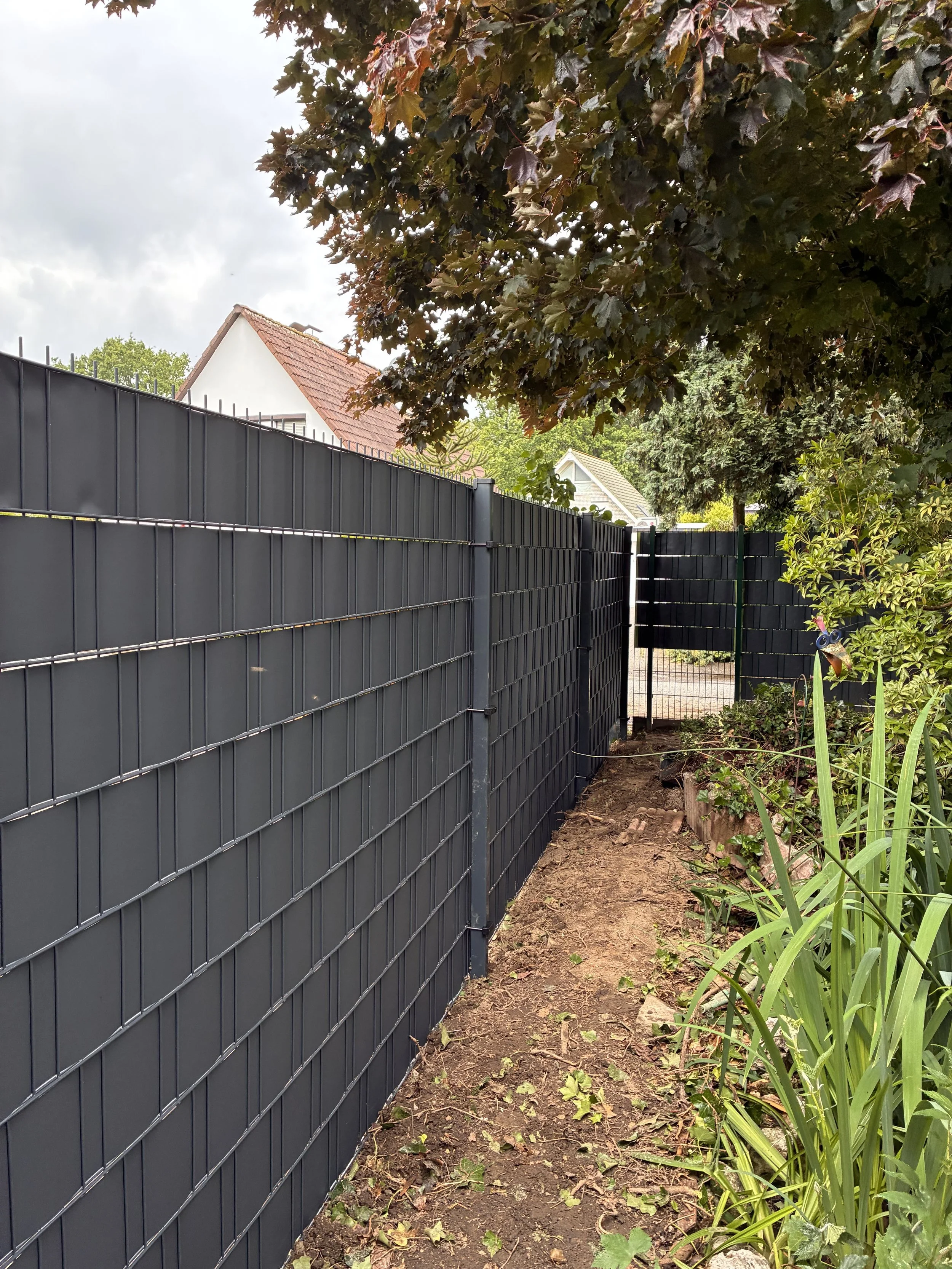 Ein Gartenweg mit einem schwarzen Metallzaun auf der linken Seite, Bäume und Sträucher auf der rechten Seite, die Erde ist sichtbar, und im Hintergrund sind Häuser mit roten und grauen Dachziegeln zu sehen.