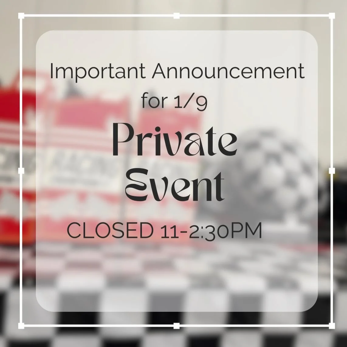 Tomorrow 1/9 we are only Opened 9:30-11am.

🔒 Private Event Closure
Kiddie Kruisers will be closed for a private event from 11:00 AM &ndash; 2:30 PM.
We&rsquo;ll reopen for Saturday at 9:30am! Go book online at Kiddiekruisersct.com.