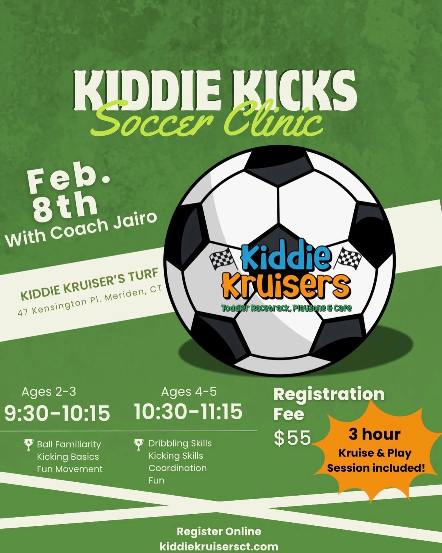 ⚽️Tiny kicks, BIG smiles!

Join our Kiddie Kicks Soccer Clinic at Kiddie Kruisers-where little feet learn big skills through play, movement, and fun!

Perfect for beginners. No pressure, just play!

3 hour ride an play session included with registrat