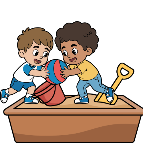 Two boys playing with a beach ball and a shovel on a sandbox.