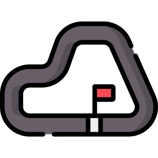 A simplified map of a race track with a red building and white starting line.