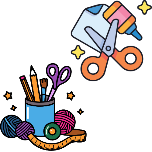 Illustration of arts and crafts supplies including scissors, glue, pencils, yarn, a measuring tape, and a small container holding art tools.