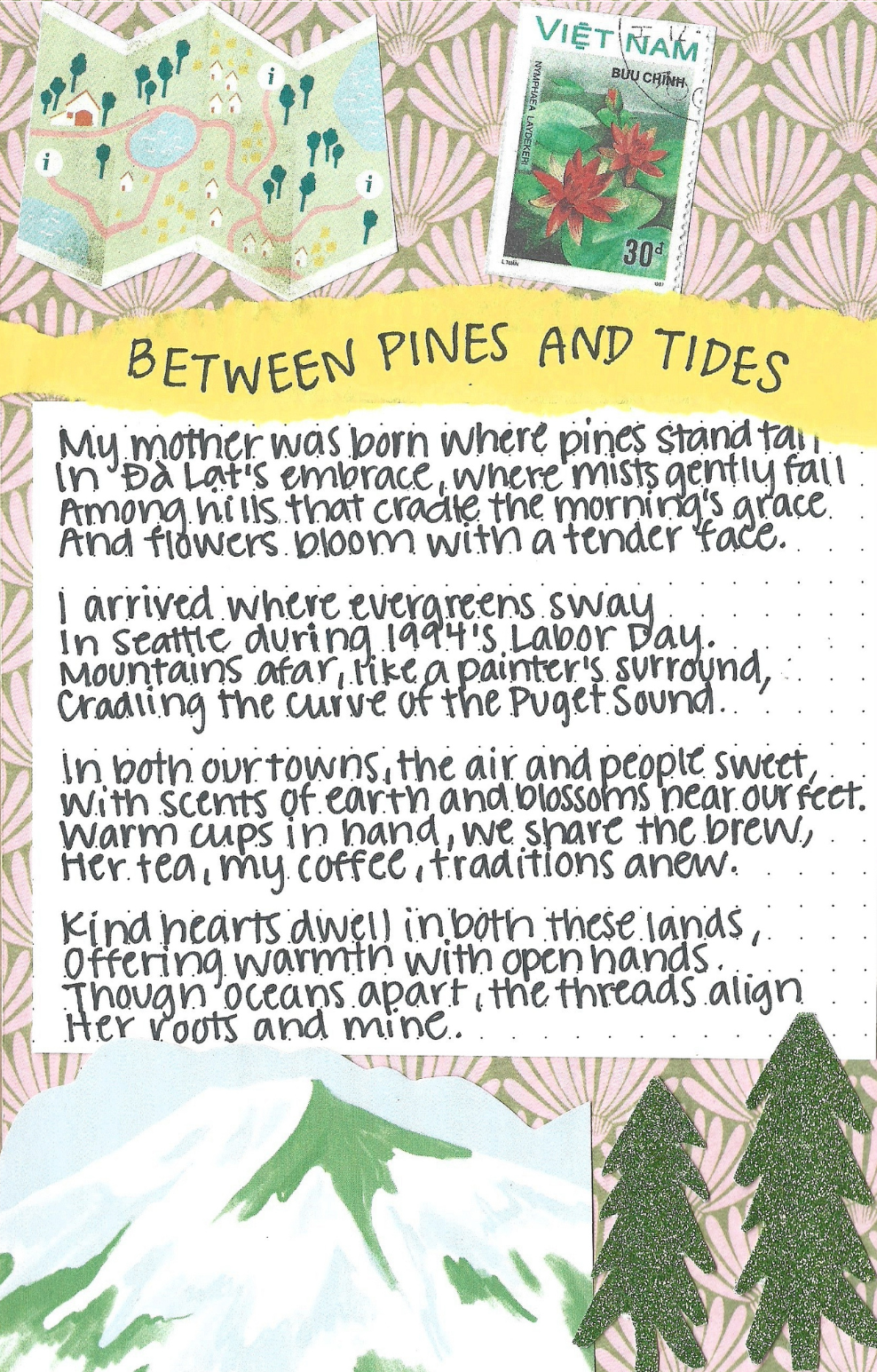 Catherine Tran's poem, "Between Pines and Tides" as featured in her zine, "The Grace of Gravity"