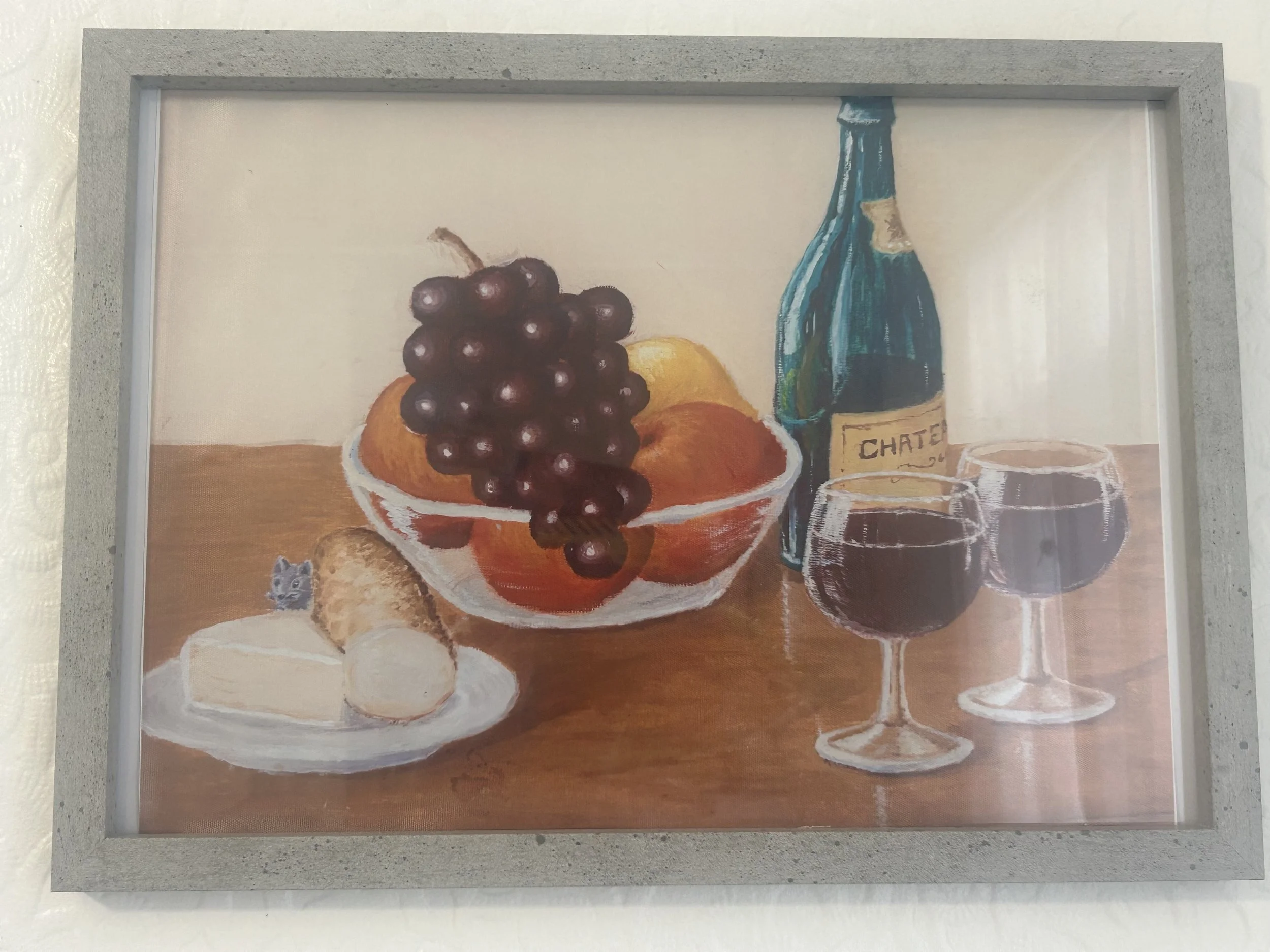 Painting of a still life including a bowl of grapes and peaches, a plate with cheese and bread, a bottle of Chateau wine, and two glasses of red wine.