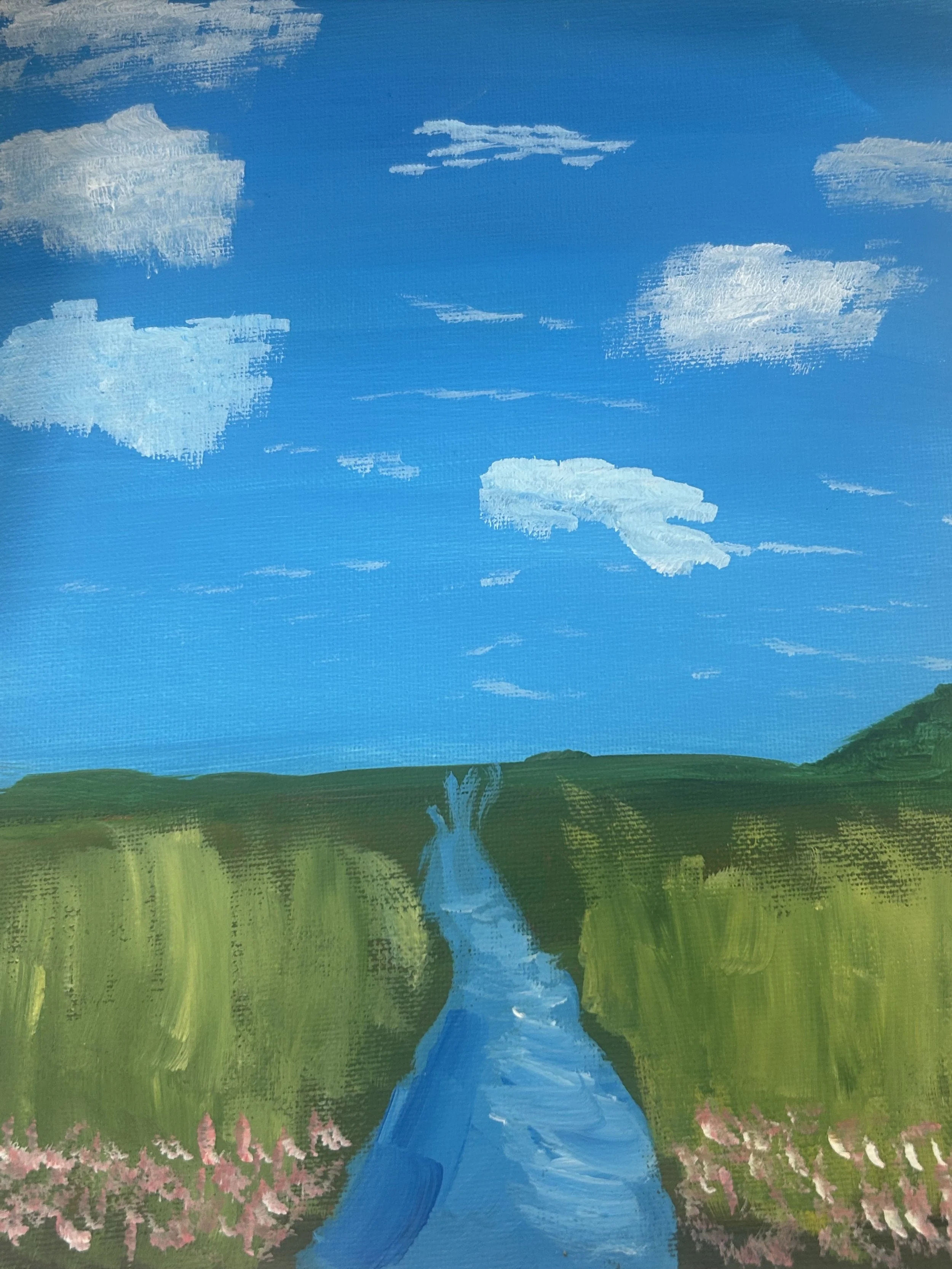 A painting of a blue sky with white clouds, a green landscape, and a winding blue river running through the center with pink flowers at the bottom.