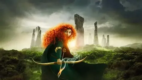 Animated red-haired girl with a bow and arrow standing in a misty landscape with ancient stone monoliths in the background.