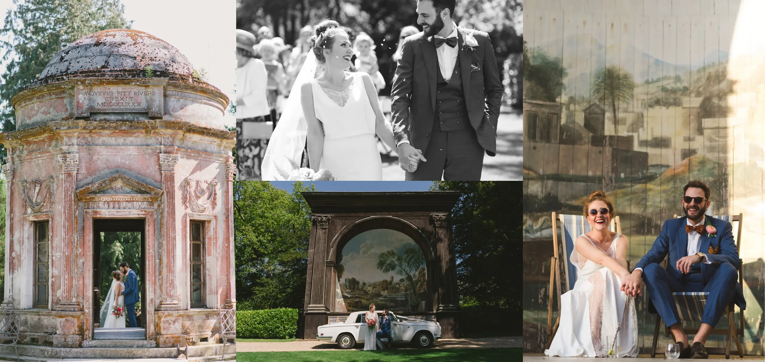 Collage of five wedding scenes: a dome-shaped, weathered pink structure with a couple in wedding attire inside; a black and white photo of a bride and groom holding hands and smiling at each other; a painting of a landscape with a mountain and trees;