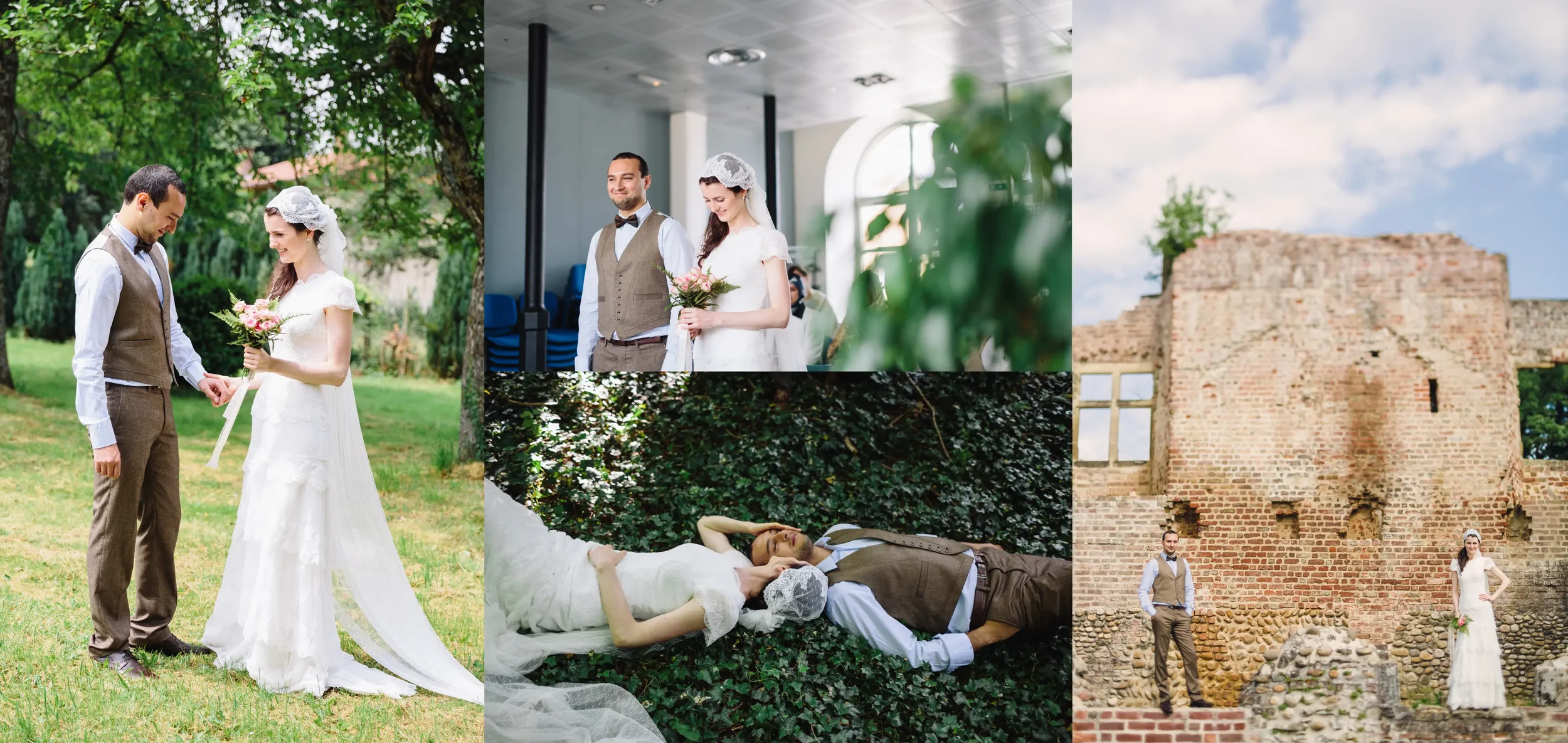 Collage of wedding photos: couple exchanging rings outdoors, couple smiling inside, couple lying on ground among greenery, couple standing in front of a brick ruin.