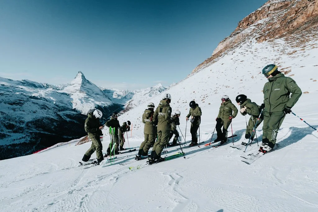 Some of the Connect Snowsports team skiing together during pre-season training in Zermatt. Matterhorn in the background