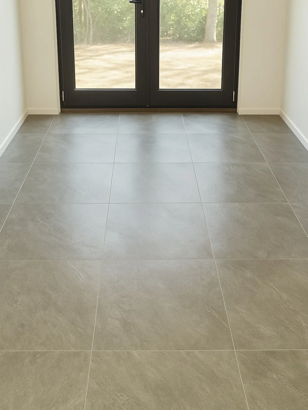 Interior view of a room with large beige floor tiles and black sliding glass door leading outside to a yard.
