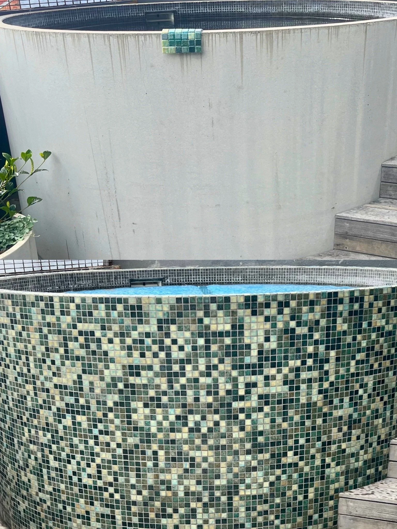 A picture of a swimming pool before and after retiling.