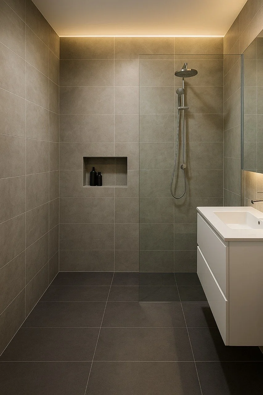 Modern bathroom with a walk-in shower, gray tiles, a built-in niche with black bottles, and a white vanity with a sink and cabinet.