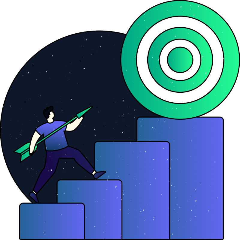 A person climbing upward on a bar graph made of rectangular blocks with a starry night sky backdrop, holding a spear and aiming at a target.