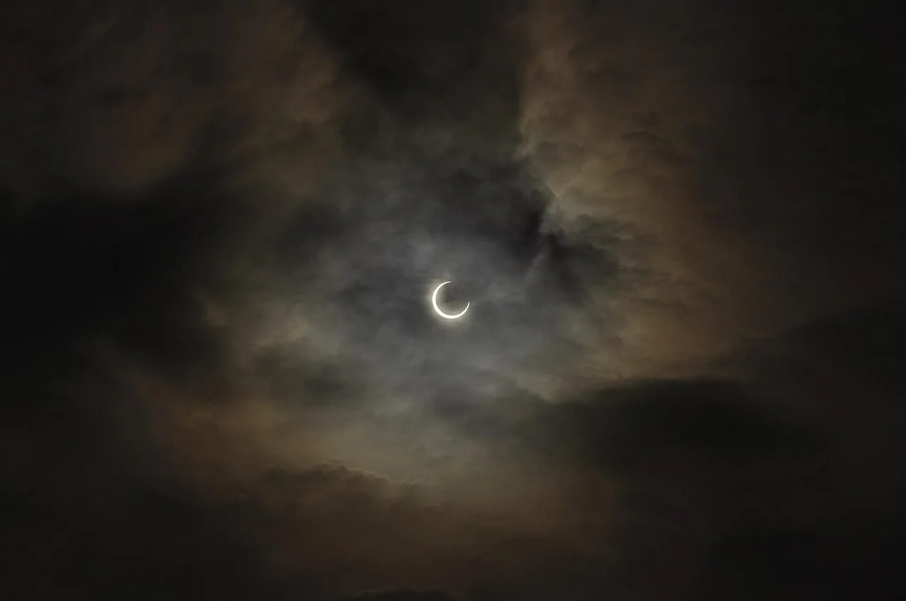 Eclipse

And it came to pass
when the day went blind
and the moon came down like a thief at a gallop
snatching the sun in her silver teeth.

The world was a church gone dark,
tin roofs trembling beneath the breath of the abyss,
and the dogs rose up i