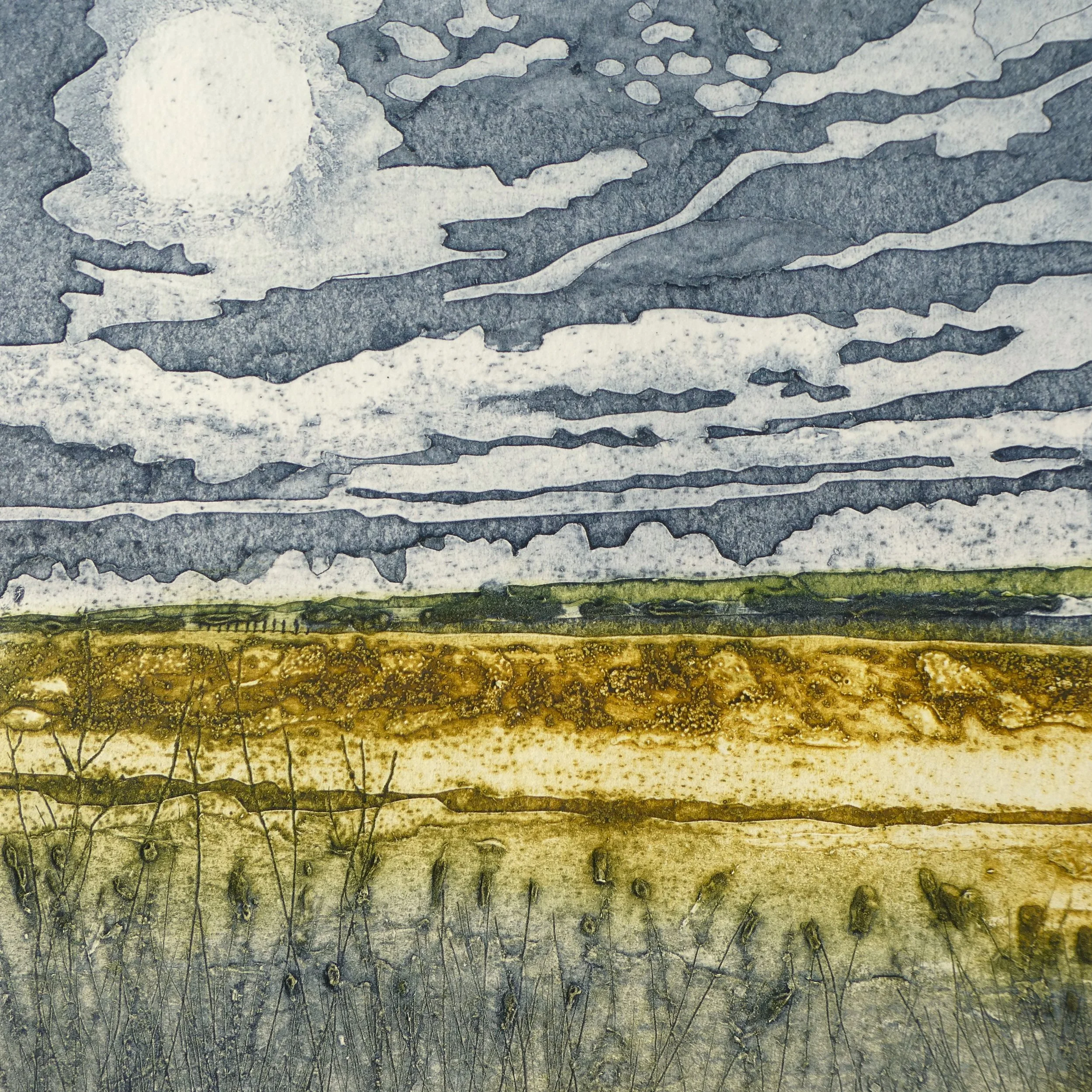 "White Clouds Flying" 
Collagraph
21cmx21cm 
Limited Edition of 12 
hand-printed on Somerset Velvet 300gsm
SOLD OUT