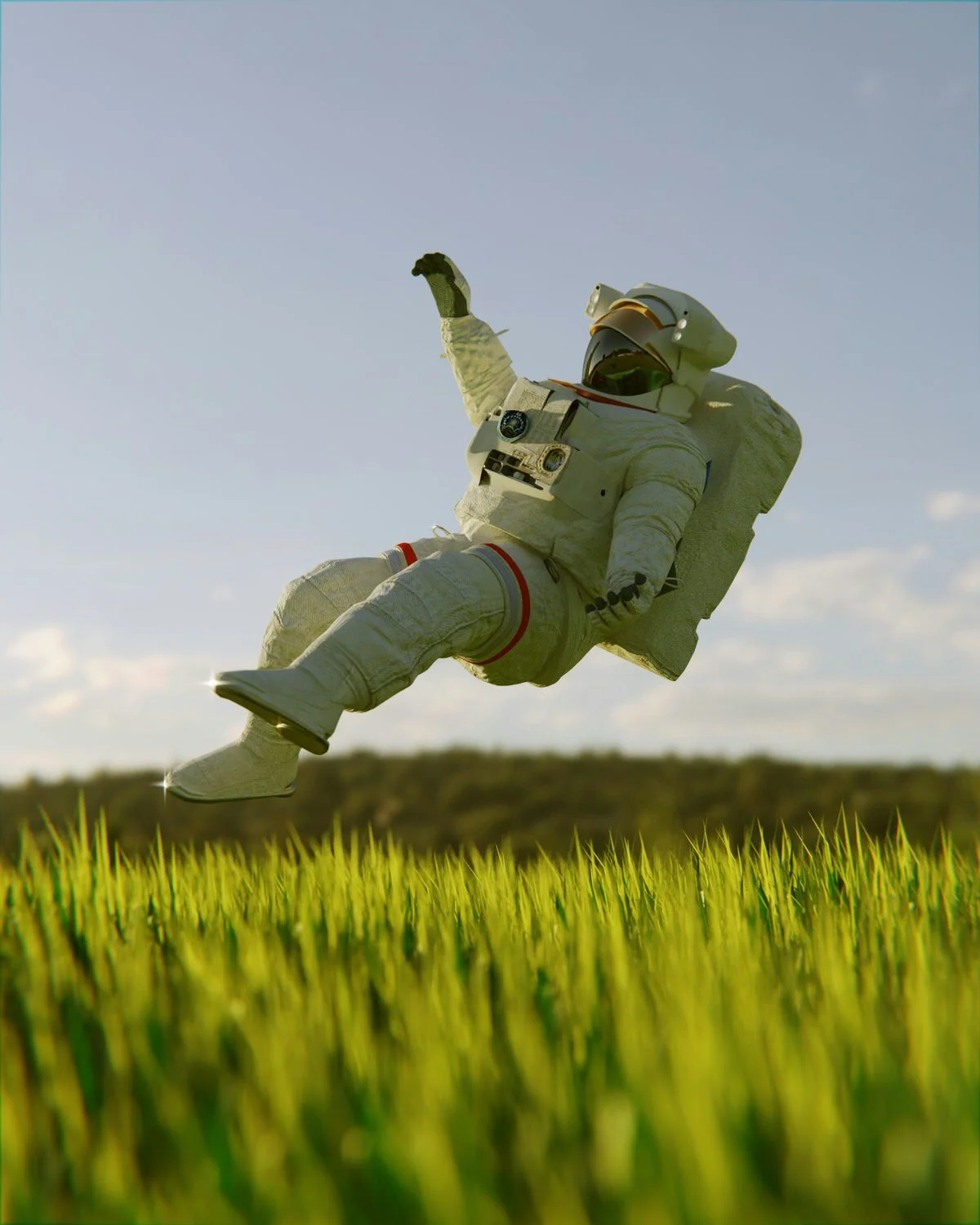 An astronaut in a space suit floating above green grass with a sky background.