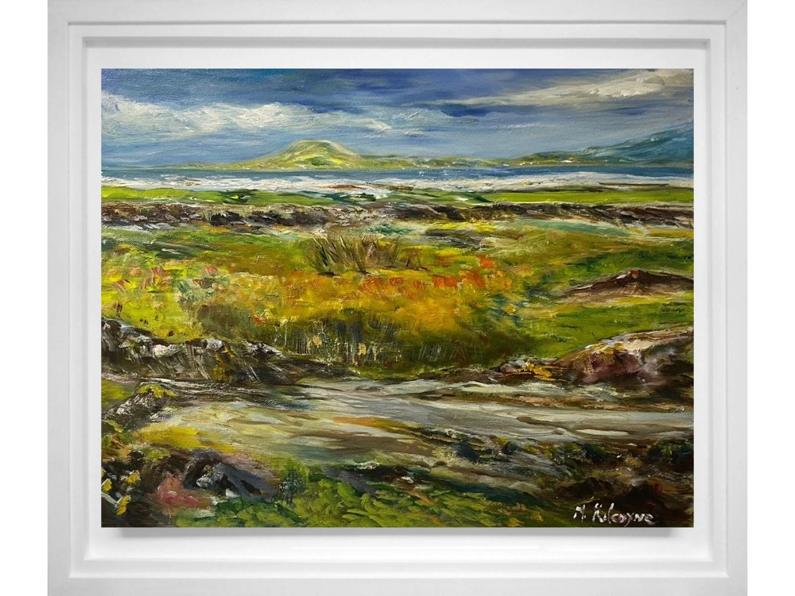 A landscape painting of a grassy field with rocks, a mountain in the background, and a cloudy sky, signed by A. McGinn.