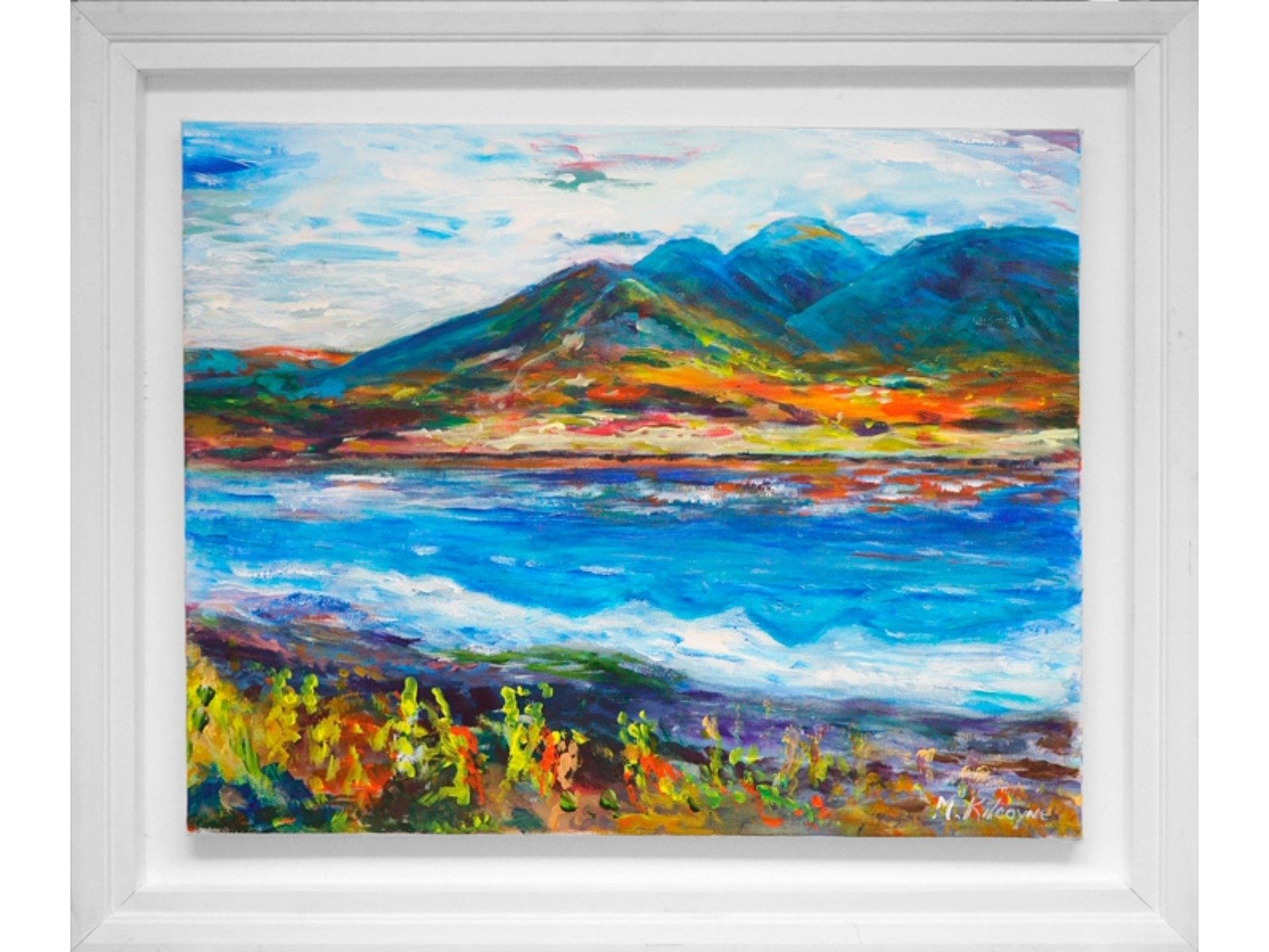 Colorful landscape painting of mountains, water, and sky in an art frame.