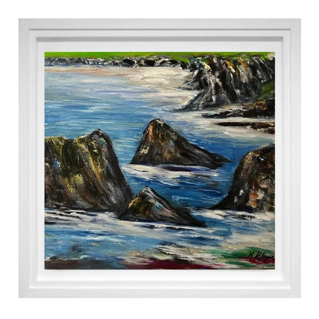 Oil painting of a rocky seashore with large rocks in the foreground and cliffs along the coast in the background, featuring waves and a partly cloudy sky.