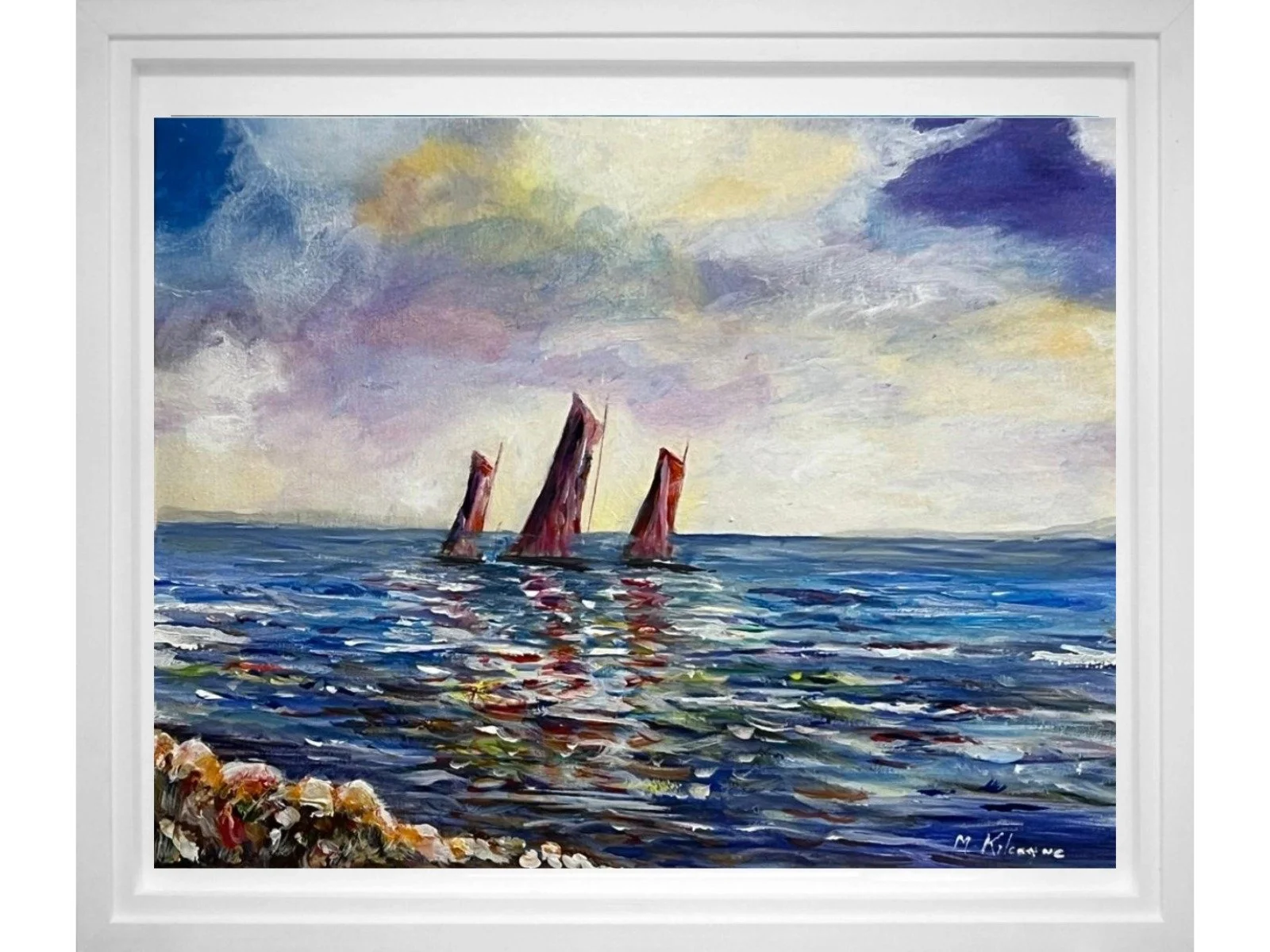 A painting of three sailboats on the ocean with a cloudy sky and a hint of sunlight, signed 'M. Klein' in the bottom right corner.