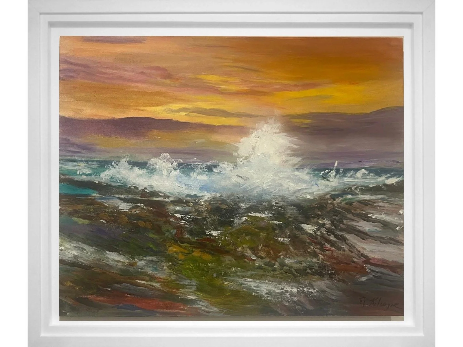 A seascape painting of waves crashing on rocks during sunset with a colorful sky of orange, purple, and yellow hues.