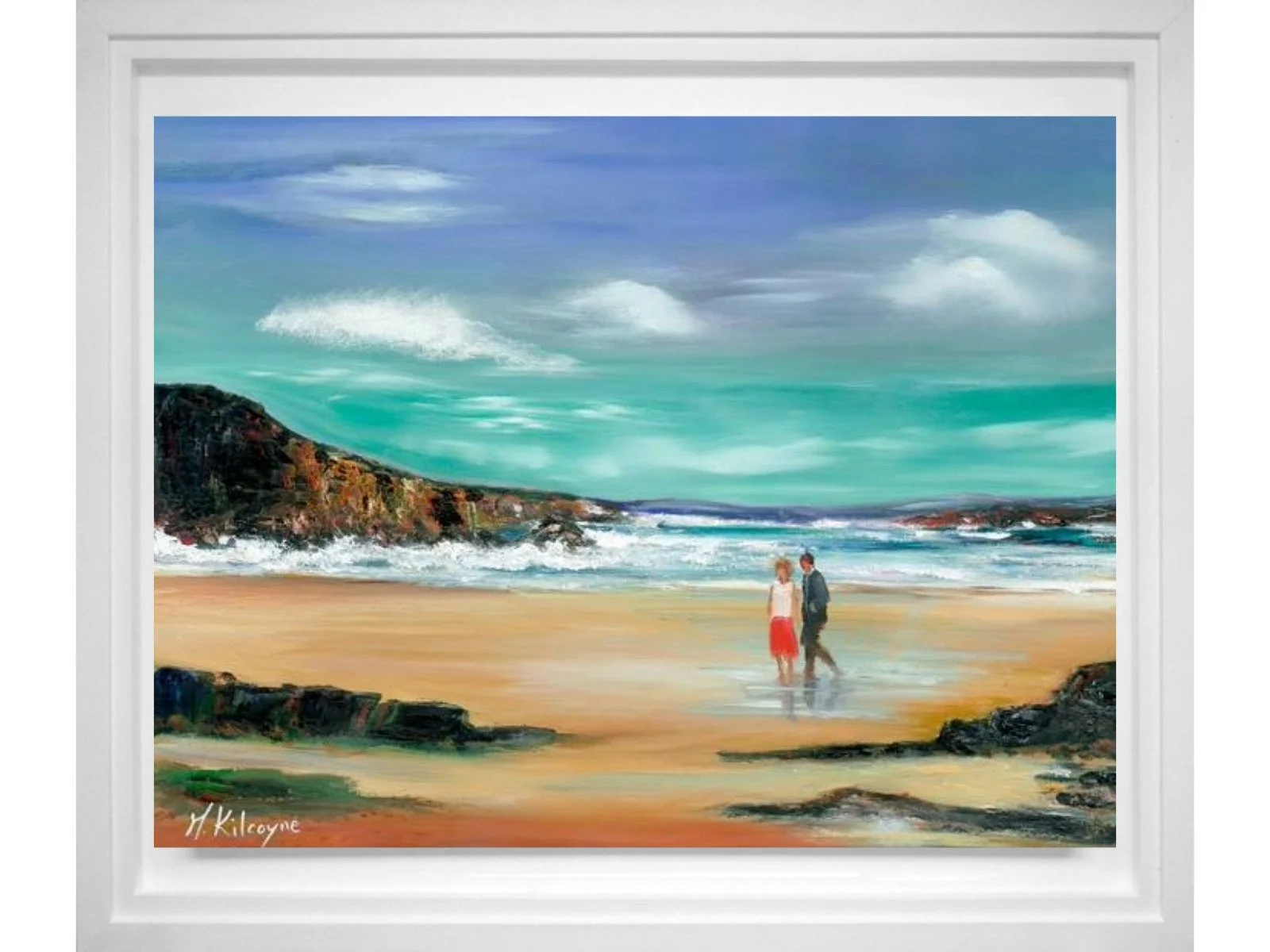 Painting of a man and woman walking on a beach with waves, rocks, and a cloudy sky in the background.