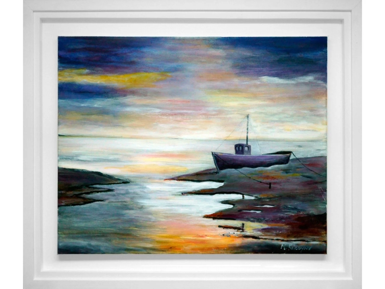 Painting of a boat resting on rocks by the water during sunset or sunrise, with a colorful sky and calm water reflections.