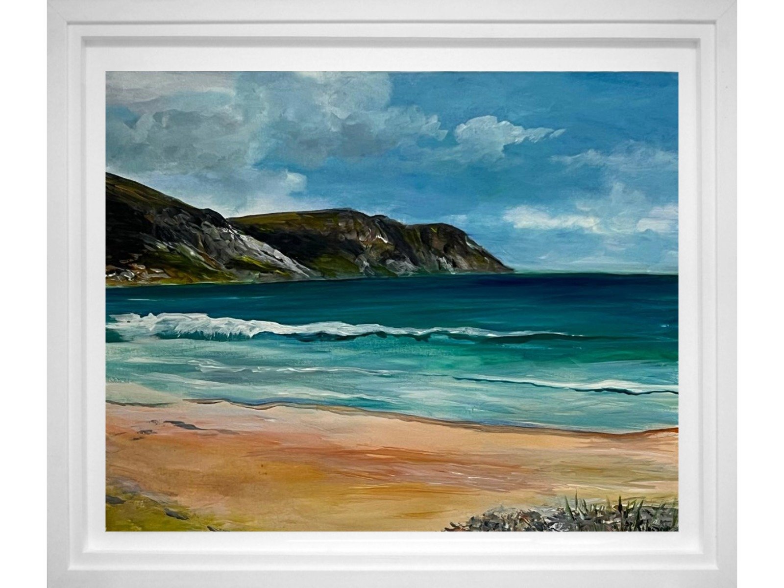 A painting of a coastal landscape with a sandy beach in the foreground, turquoise waves, and cliffs covered in green vegetation under a partly cloudy sky.