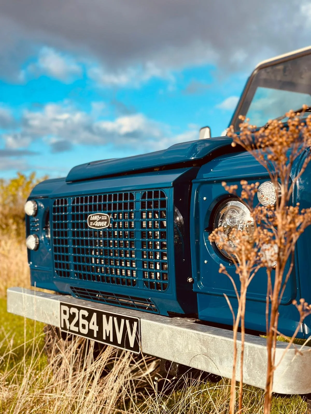 Close-up of a vintage blue Land Rover vehicle with a front grille, parked outdoors in grassy field with tall grass and flowers, under a partly cloudy sky.