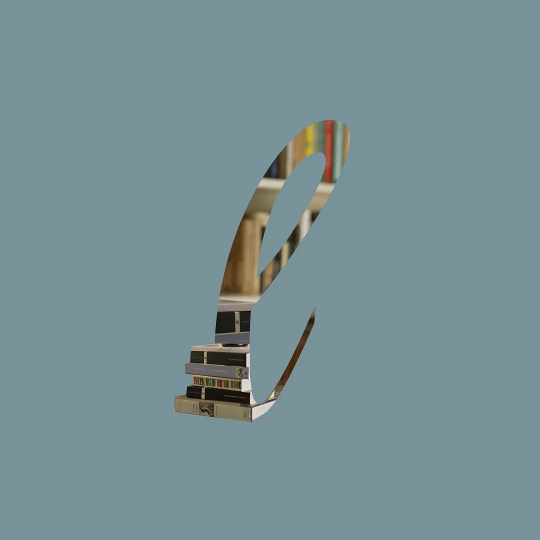 A cutout of a feather with a view of a bookshelf with books inside, visible through the feather shape on a blue background.