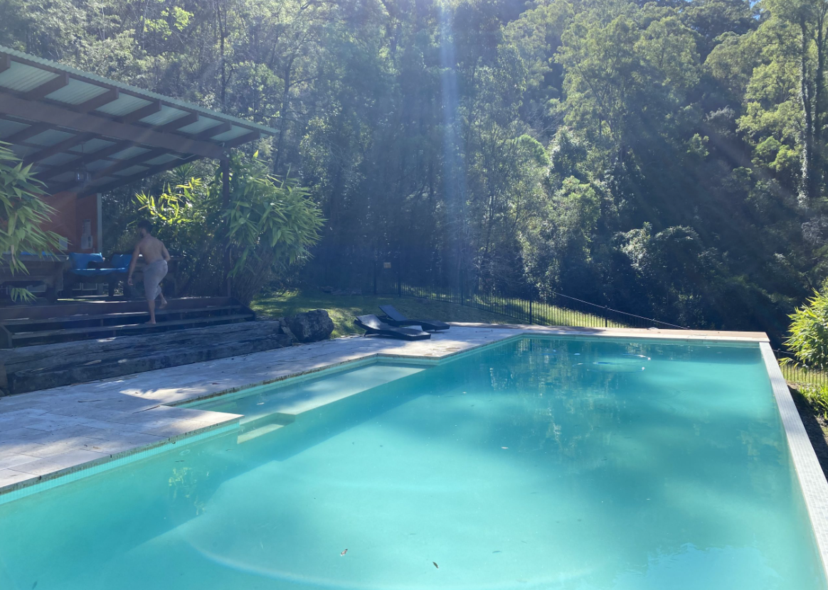 A backyard swimming pool surrounded by a natural landscape with trees and greenery, sun rays streaming through the trees, and a person walking on the poolside steps.