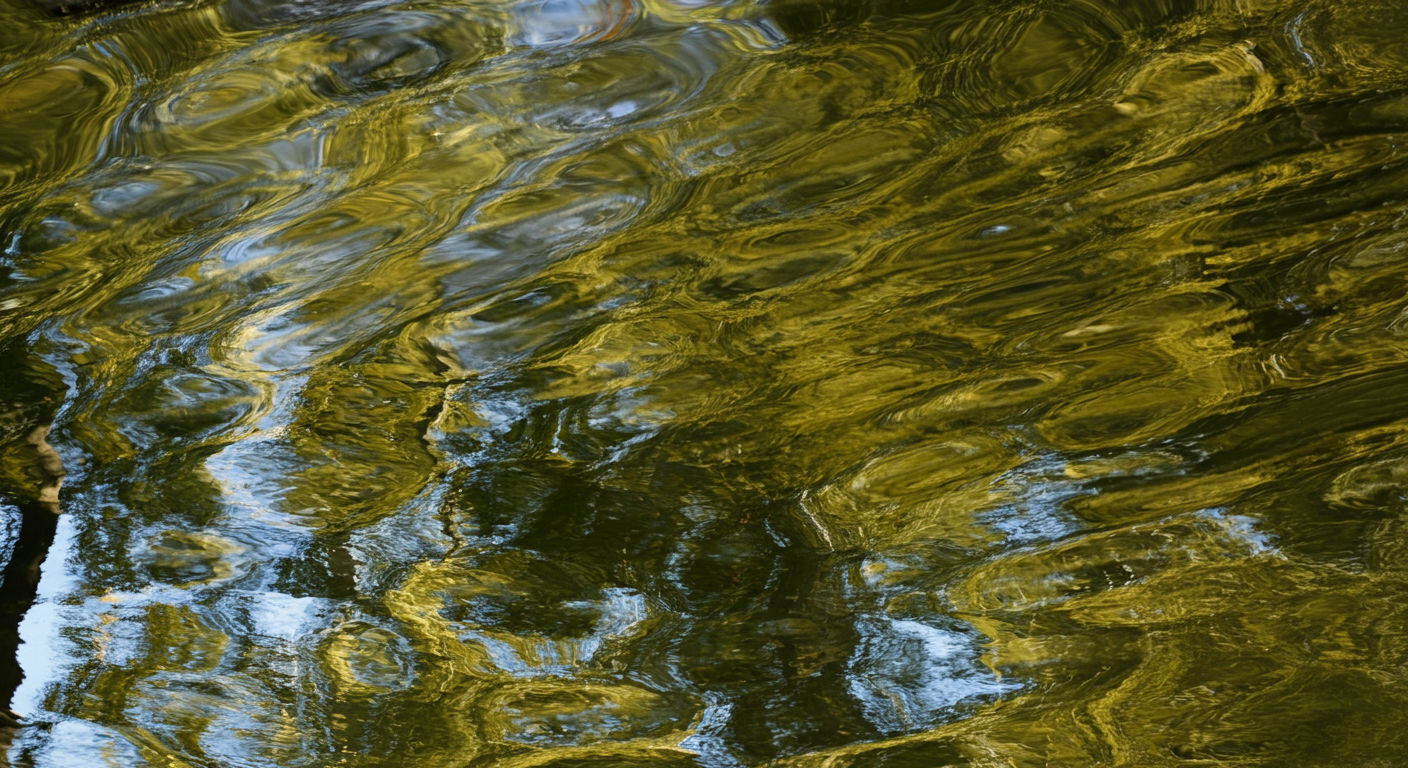 Close-up of water surface reflecting trees with green and blue hues and creating a rippled, abstract pattern.