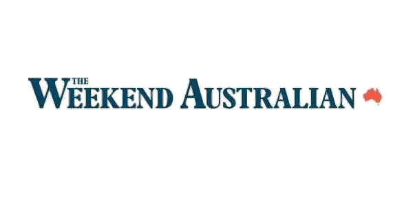 Logo for The Weekend Australian with a red origami-style shape above the text.