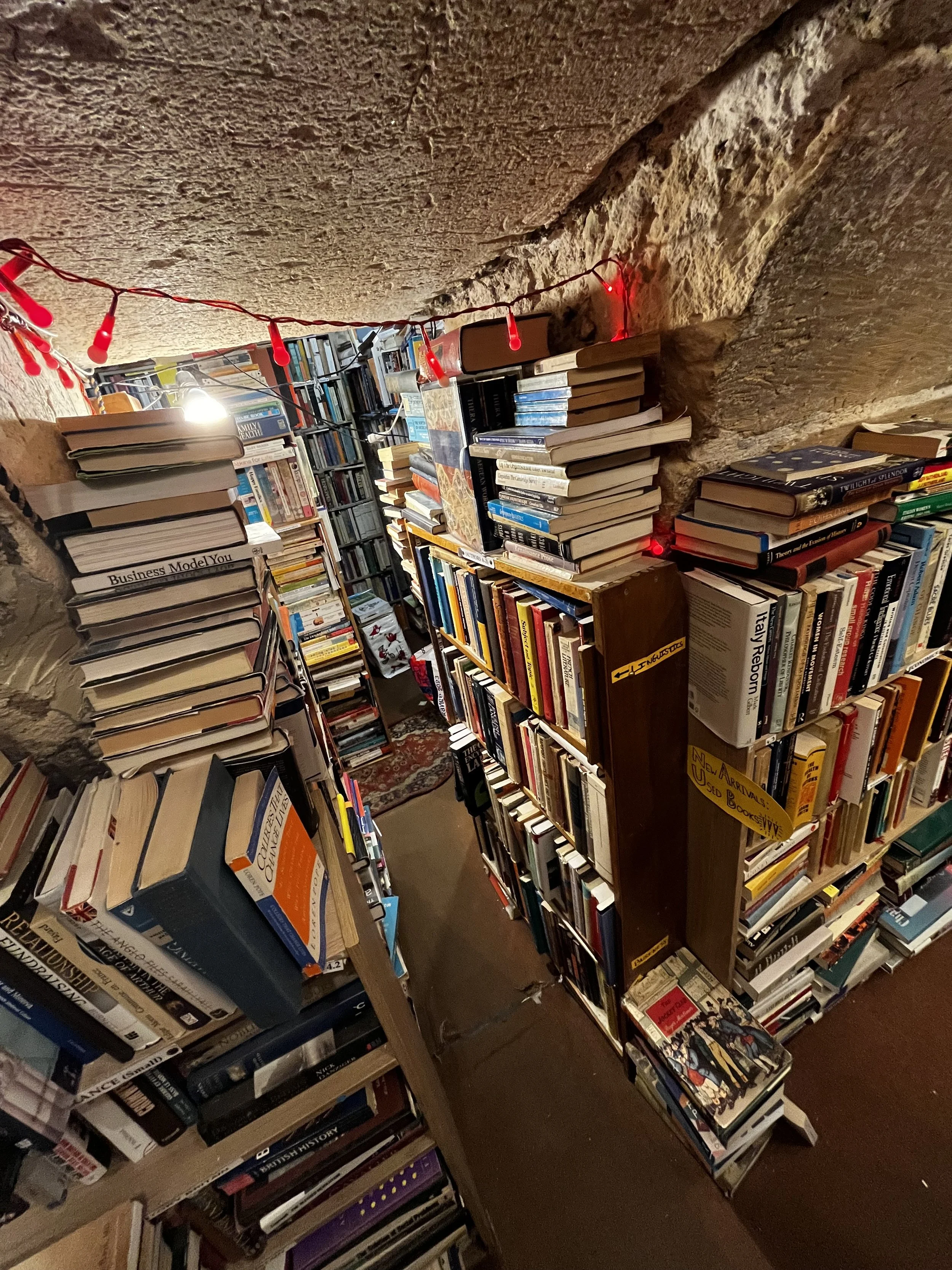 Boekenkast gevuld met boeken in een kast onder een gewelfde stenen plafond met string lights.