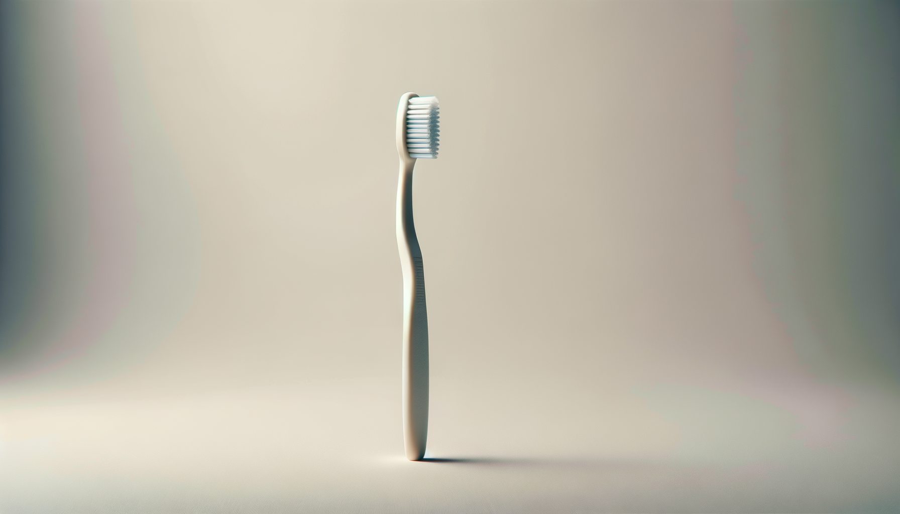 A single toothbrush standing upright on a plain surface against a neutral background.