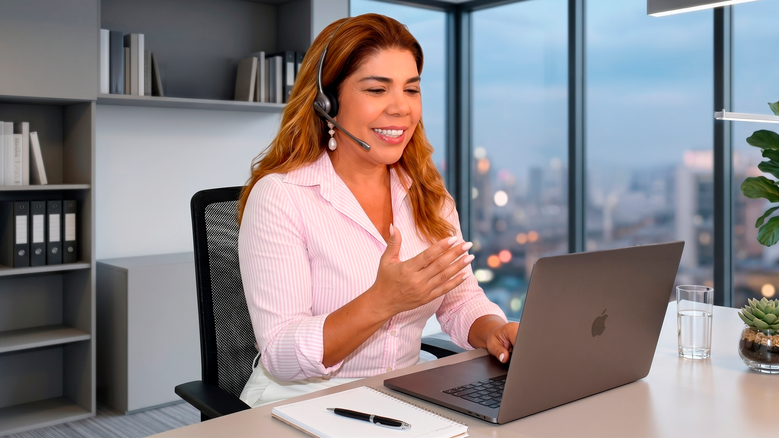 psicologa debora teodora. Mulher com cabelo castanho claro em uma reunião de trabalho usando fone de ouvido com microfone, sentada em frente a um laptop em um escritório com vista urbana ao fundo.