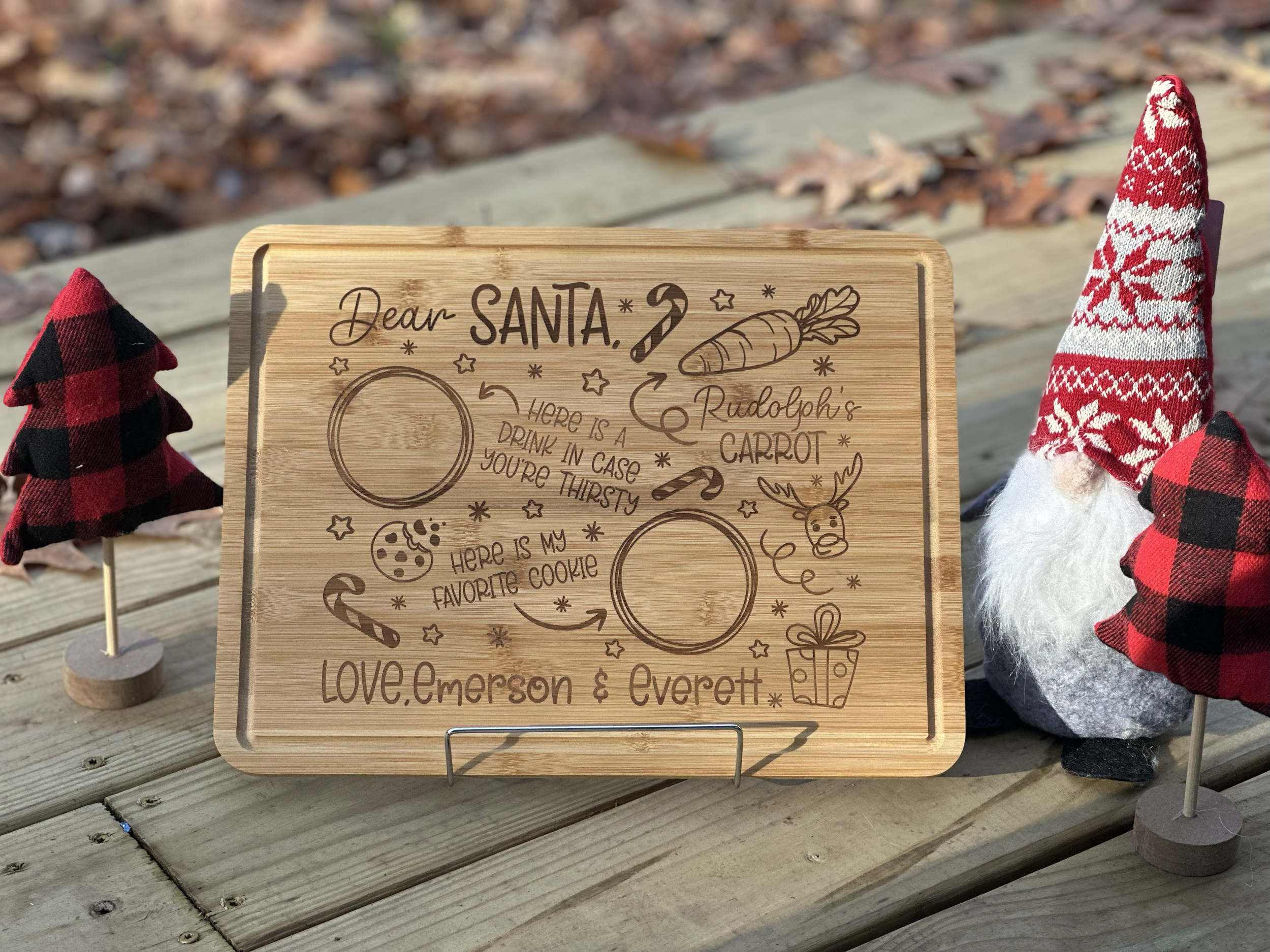 Personalized 11 x 14.5" Santa snack and drink cutting board, laser engraved with child’s name for a magical Christmas Eve tradition. Perfect keepsake for holiday memories.im!