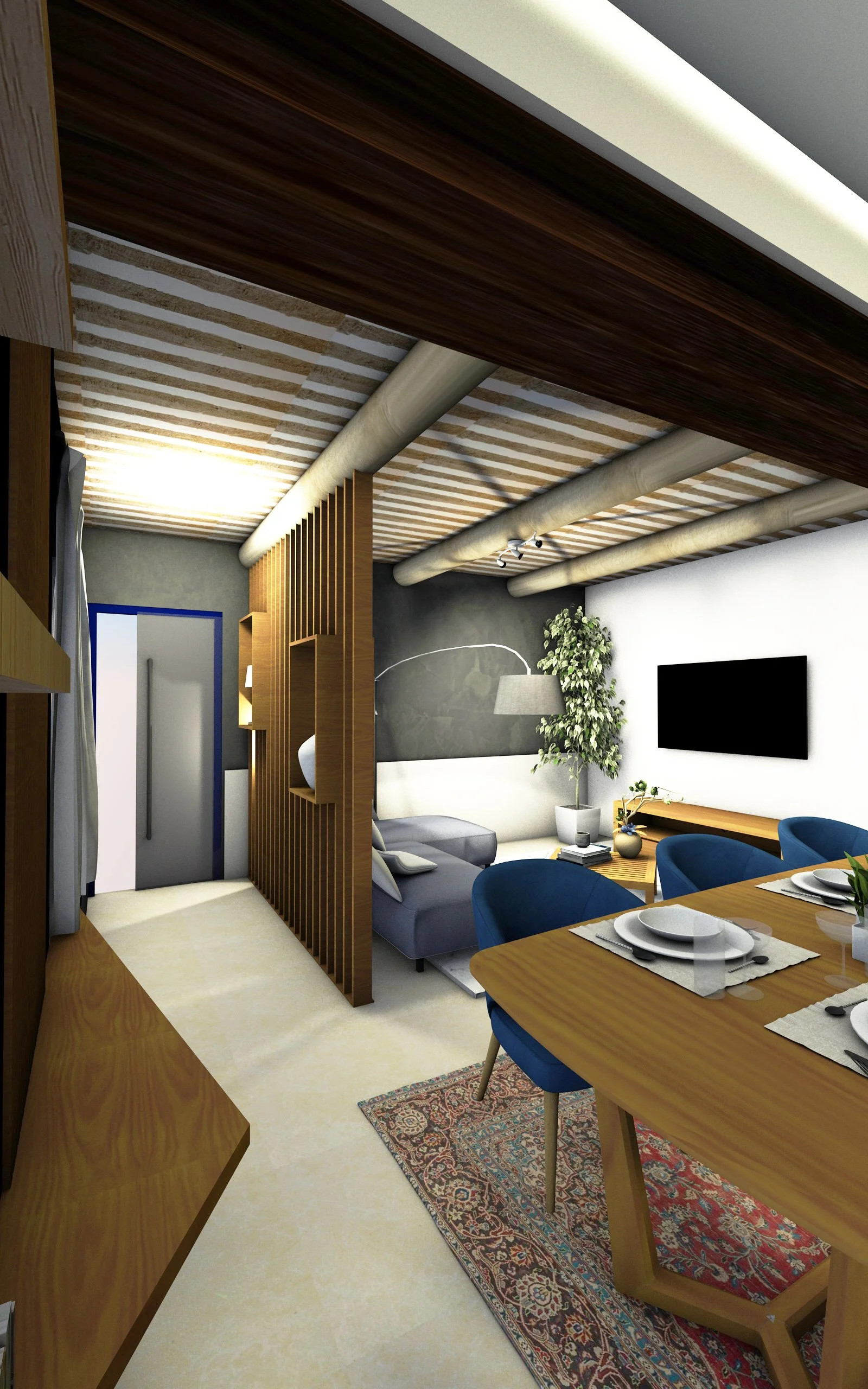 Projet d'entrée #4 - Courthézon (84) Objectif : Marquer une entrée dans une pièce existante d'un mas provençal par la mise en place d'un panneau menuisé semi-transparent entre le séjour et l'entrée.